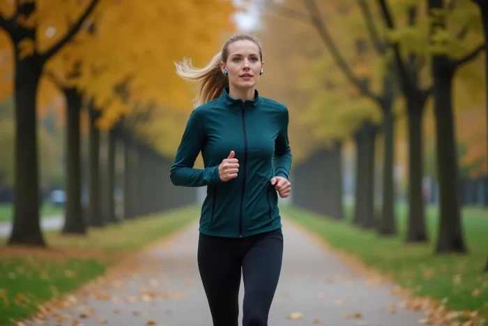 Femme faisant du jogging dans un parc urbain pour réduire la rumination mentale par l'activité physique régulière
