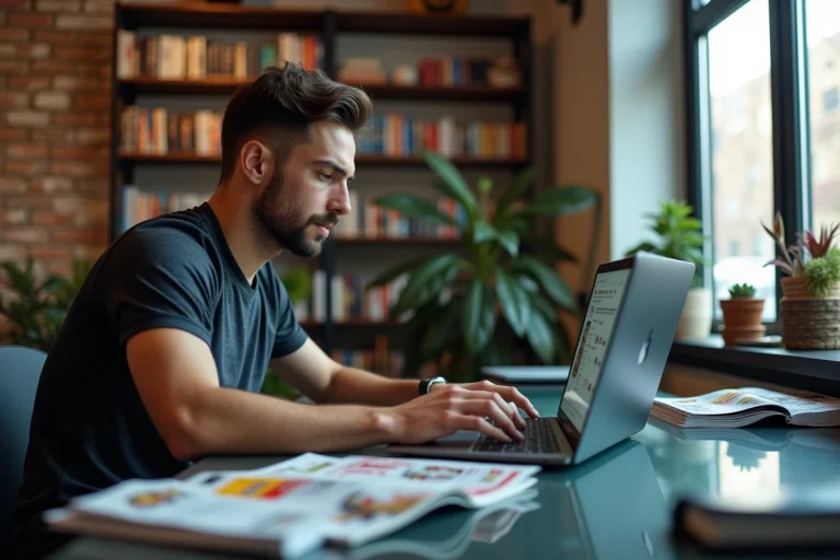Homme consultant les dernières actualités sportives en ligne sur son ordinateur dans un bureau moderne