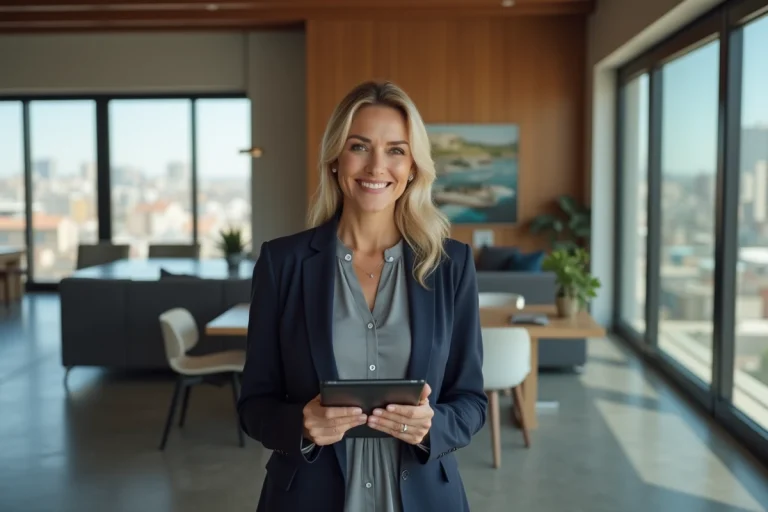 Agent immobilière professionnelle tenant une tablette avec des annonces dans un appartement moderne au design épuré