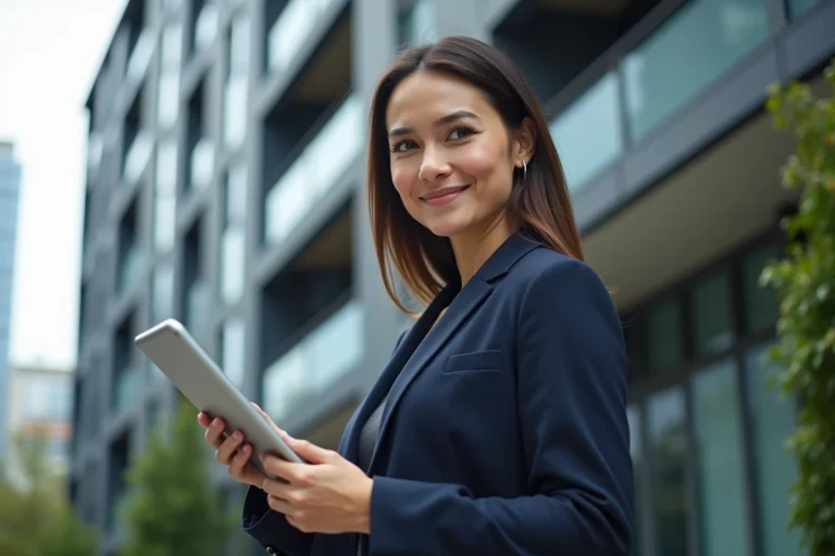 Agent immobilière professionnelle tenant une tablette avec des annonces immobilières devant un immeuble moderne