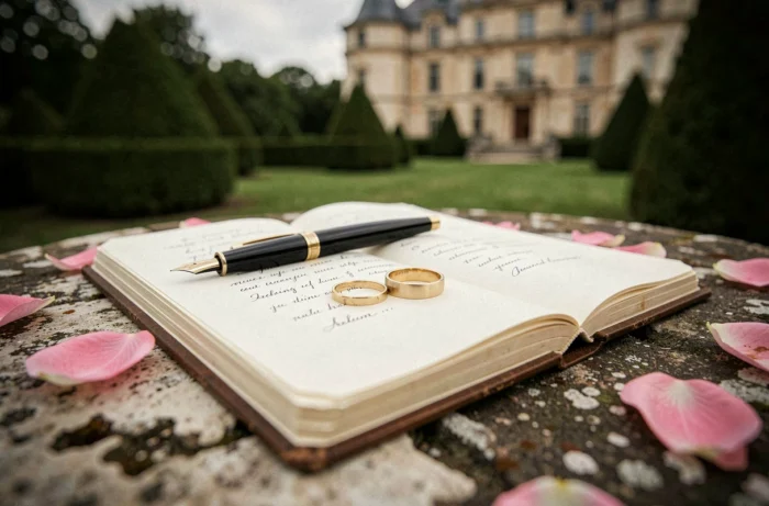 Alliances en or et registre de mariage ouvert sur une table en pierre dans le jardin d'un château français