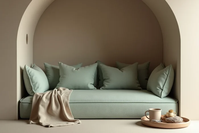 Zone de repos neuro-inclusive avec canapé arrondi en bouclé, baldaquin en lin et accessoires sensoriels doux