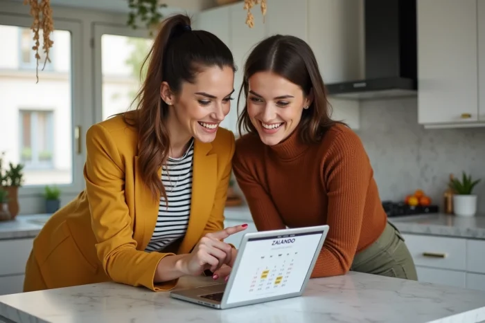 Deux amies consultant le calendrier des soldes Zalando sur une tablette dans une cuisine moderne