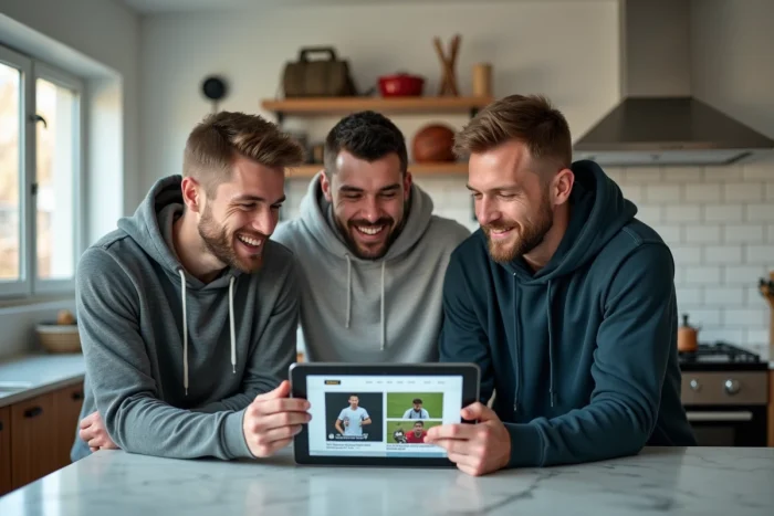 Groupe d'amis réagissant aux dernières actualités sportives sur une tablette dans une cuisine moderne