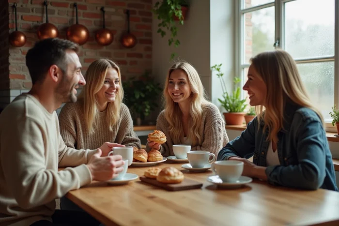 Groupe d'amis partageant des pâtisseries et du café autour d'une table en bois dans une cuisine chaleureuse