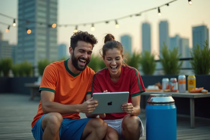 Deux amis regardant un match de football en streaming légalement sur une tablette depuis une terrasse urbaine