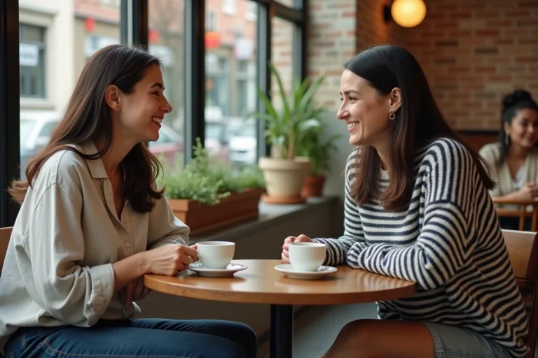 Deux femmes trentenaires discutent amicalement autour d'un café dans un bistrot parisien, illustrant une amitié sincère après une relation amoureuse