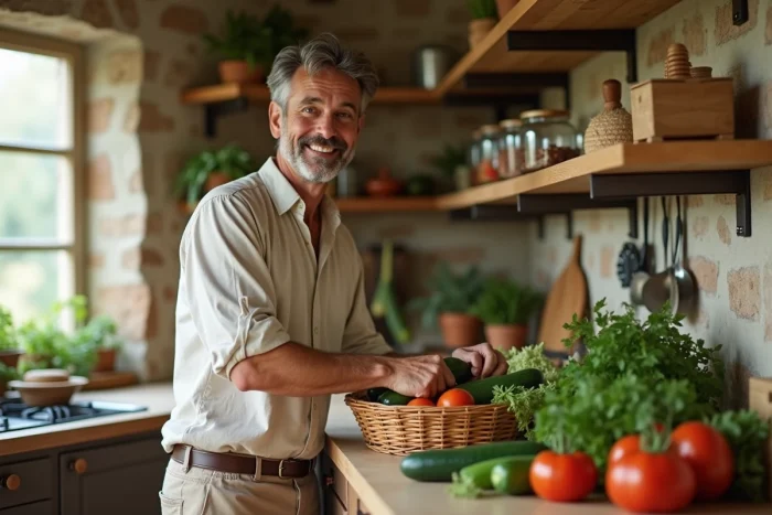 Homme arrangeant des légumes frais de saison dans une cuisine rustique en pierre avec des herbes aromatiques