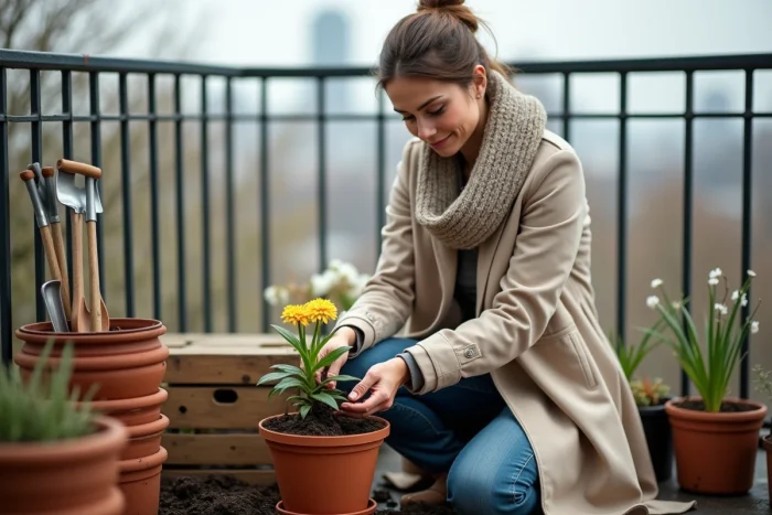 Femme rempotant une plante en fleurs sur un balcon urbain au printemps avec des pots en terre cuite