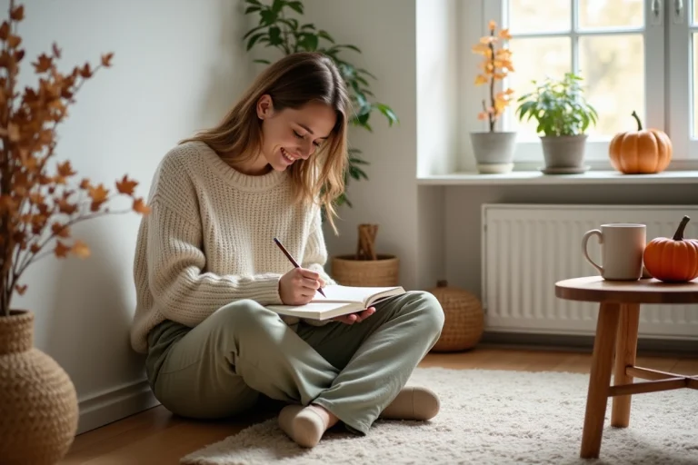Femme écrivant dans un journal entourée de décorations saisonnières automnales dans un salon scandinave minimaliste