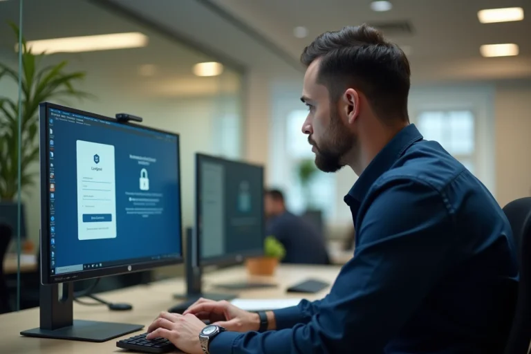 Technicien informatique connecté à un portail extranet sécurisé depuis un poste de travail en réseau interne d'entreprise