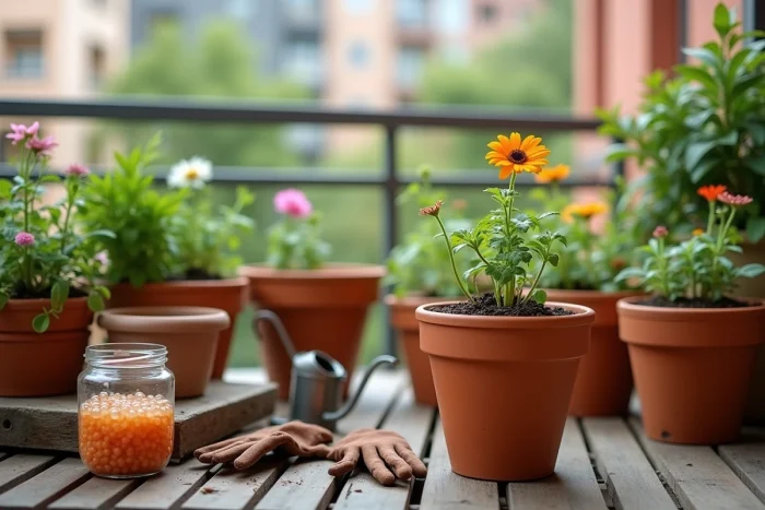 Balcon urbain avec des pots de plantes contenant des perles d'eau en gel et accessoires de jardinage