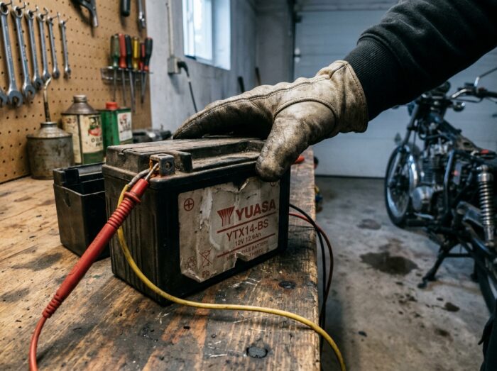 Batterie de moto démontée sur établi avec multimètre pour diagnostic après trajets urbains répétés