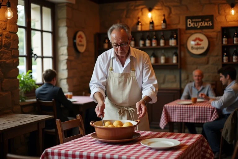 Chef d'un bouchon lyonnais servant des quenelles à des clients attablés dans un décor traditionnel avec nappes à carreaux et bouteilles de Beaujolais