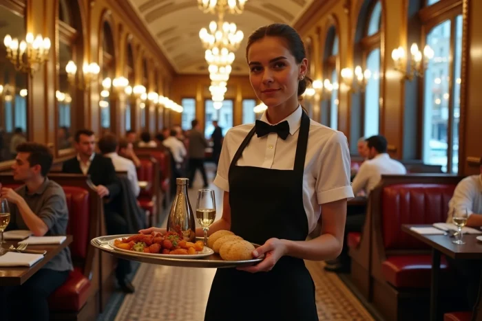 Serveuse d'une brasserie parisienne traversant une salle animée avec décor Belle Époque, miroirs dorés et carrelage mosaïque