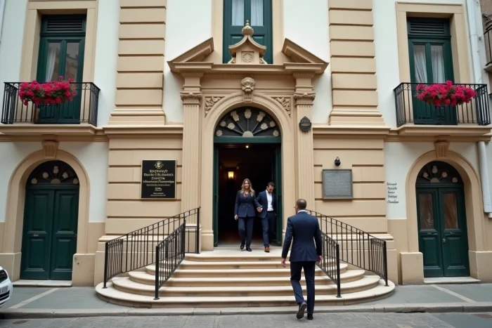 Façade du bureau d'état civil de Gibraltar avec architecture coloniale britannique