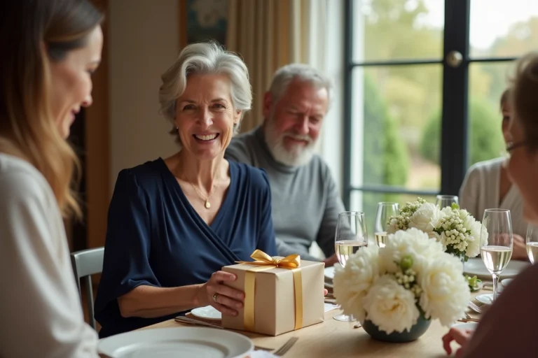 Femme de 50 ans souriante recevant un cadeau entourée de sa famille lors d'un anniversaire élégant