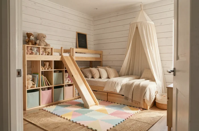 Chambre d'enfant ludique avec lit mezzanine en bois, toboggan intégré et tapis de jeu coloré pour un aménagement sécurisé