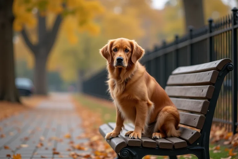 Chien golden retriever assis sur un banc en bois dans un parc automnal aux feuilles dorées