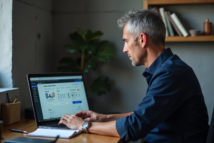 Homme calculant son budget pour choisir une box Internet économique dans un bureau à domicile