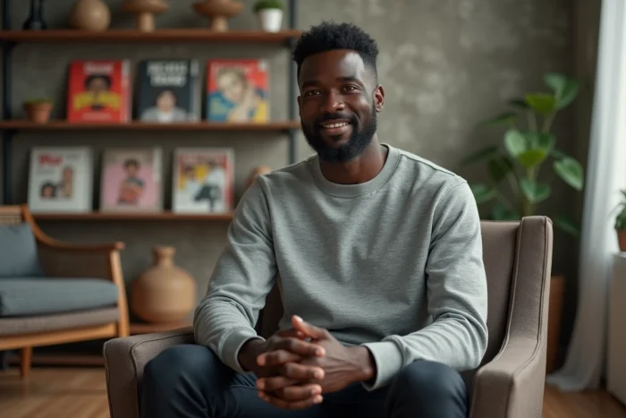 Portrait intimiste d'un ancien rappeur américain issu du duo Kris Kross assis dans un salon moderne lors d'une interview