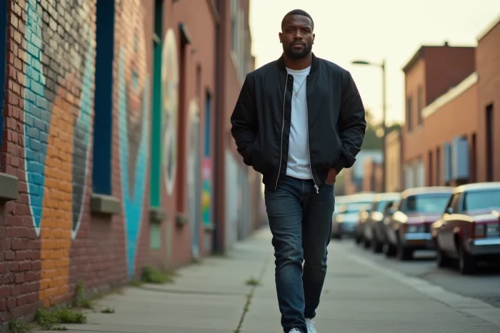 Artiste hip-hop américain marchant dans un quartier d'Atlanta entouré de fresques murales célébrant la culture rap des années 90