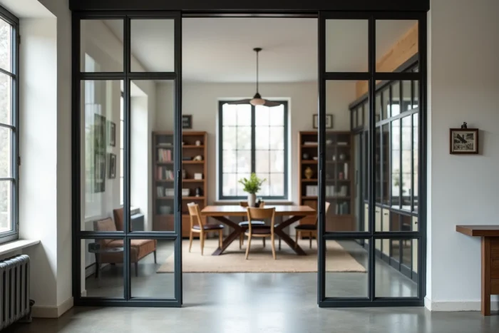 Cloison vitrée type atelier en acier noir et verre séparant deux espaces dans un intérieur contemporain