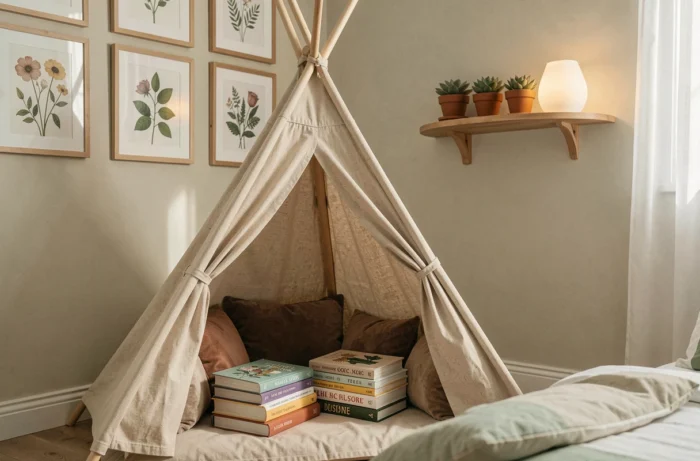 Children's reading corner with natural canvas tipi, soft cushions, and decorative shelves in a carefully arranged room