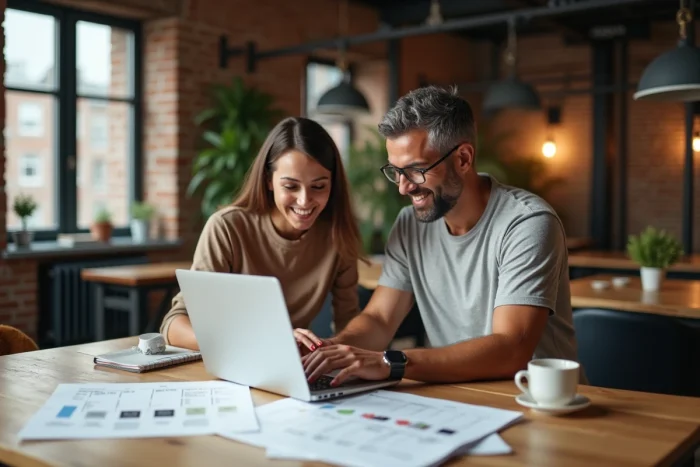 Deux blogueurs collaborant autour d'un ordinateur portable et d'un calendrier éditorial imprimé dans un espace de coworking urbain avec des murs en briques apparentes