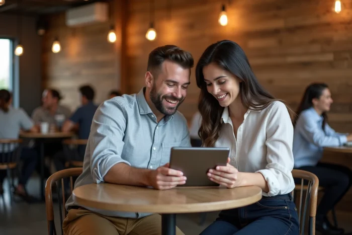 Deux collègues consultant un tableau de bord marketing digital sur tablette dans un espace de coworking café