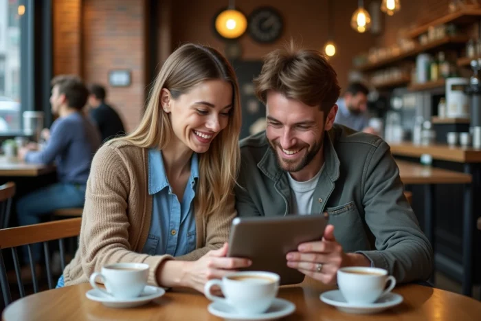 Deux personnes comparant des alternatives à Wannonce sur une tablette dans un café urbain