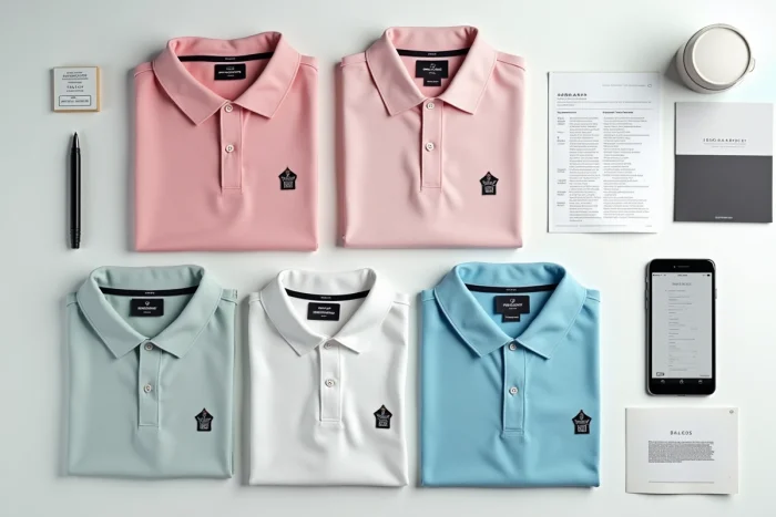 Flat lay comparatif de polos de marques concurrentes dont Lacoste, avec smartphone et notes de stratégie de positionnement de marque