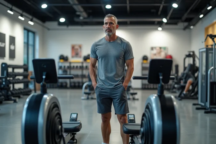Homme comparant deux modèles de rameurs Striale dans un magasin de matériel fitness, analyse des consoles et des caractéristiques