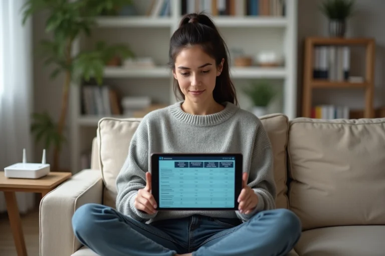 Femme comparant des offres de box Internet pas chères sur une tablette dans son salon