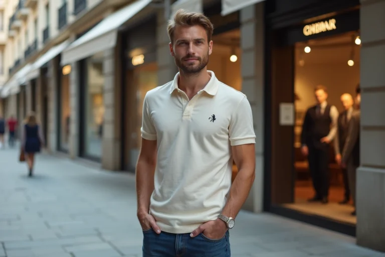 Homme portant un polo de marque premium devant des boutiques de mode haut de gamme, illustrant la concurrence dans le secteur du prêt-à-porter