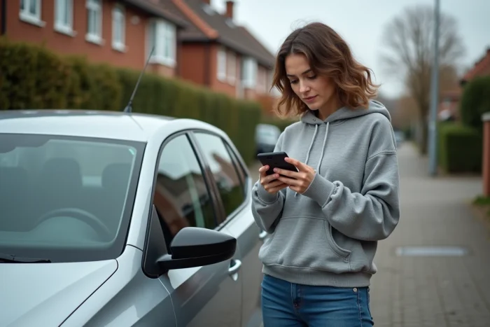 Conductrice inquiète consultant son téléphone à côté de sa Volkswagen Polo 5 après l'allumage du voyant moteur orange