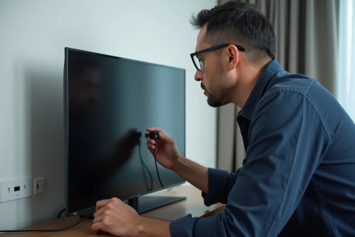 Homme branchant un dongle HDMI derrière une télévision pour connecter internet