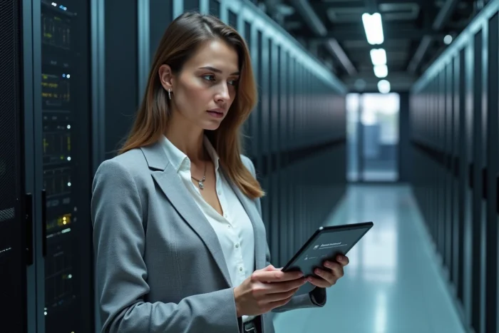 Administratrice réseau effectuant une authentification sécurisée sur extranet depuis une salle serveur d'entreprise
