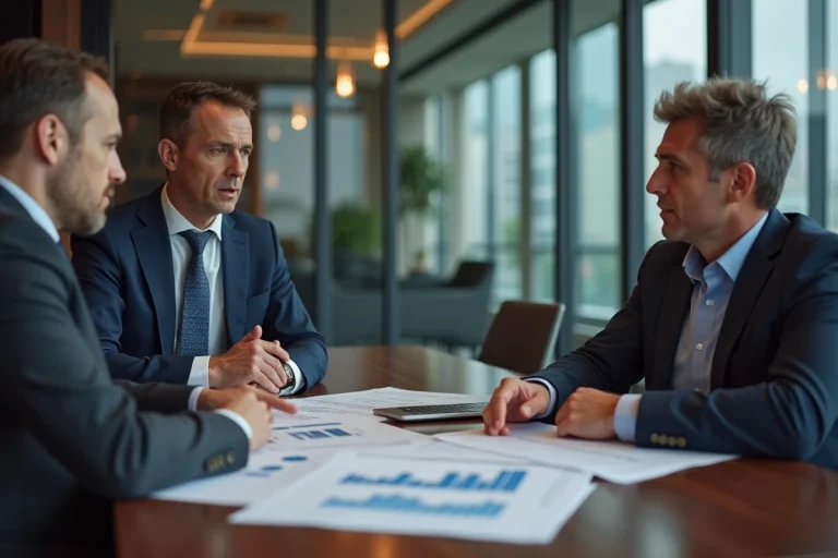 Conseiller financier présentant une stratégie d'investissement patrimonial à un couple dans un bureau bancaire moderne
