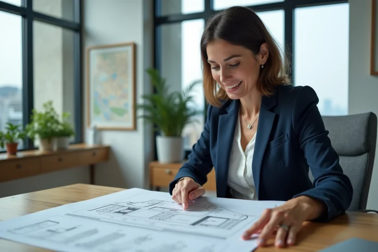 Conseillère immobilière analysant des plans et documents d'investissement dans un bureau moderne