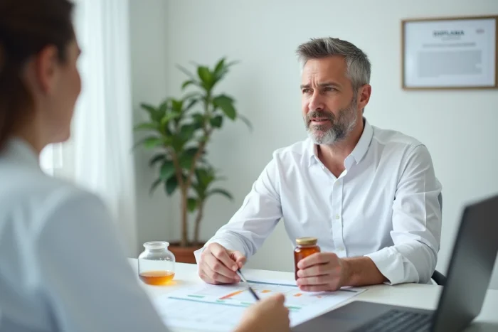 Homme consultant un nutritionniste avec un pot de miel lors d'une discussion sur le diabète et les alternatives au sucre