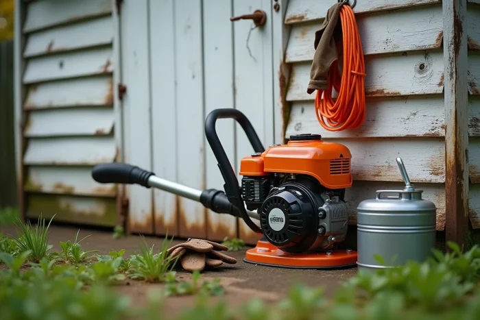 Coupe-bordure thermique professionnel appuyé contre un abri de jardin en bois