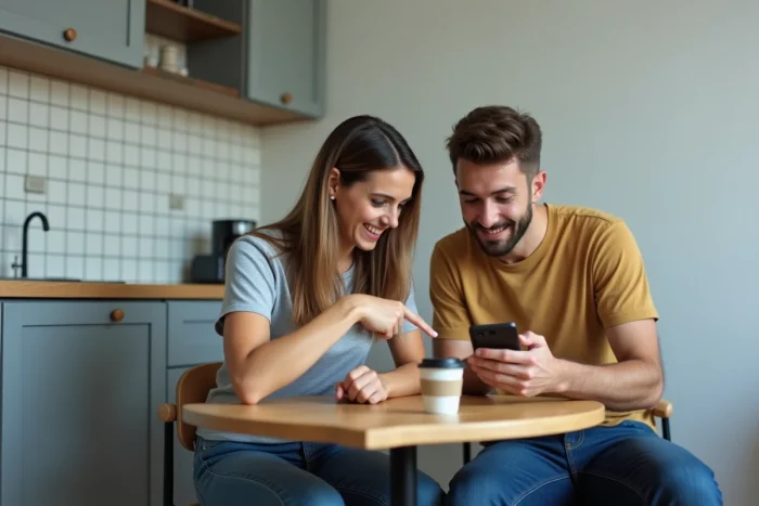 Couple comparant des forfaits box Internet économiques sur smartphone dans une cuisine d'appartement