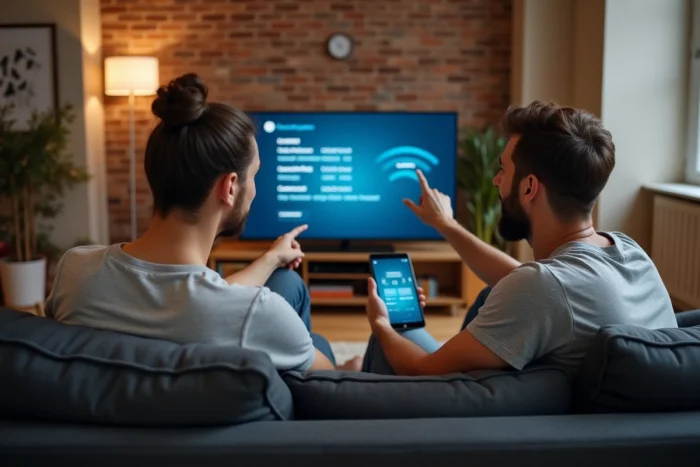 Couple configurant la connexion Wi-Fi sur une Smart TV dans un salon moderne
