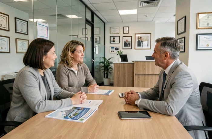 A couple meeting with an insurance advisor in a professional agency to choose their contract