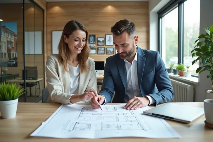 Couple consultant des plans immobiliers dans une agence moderne au style scandinave