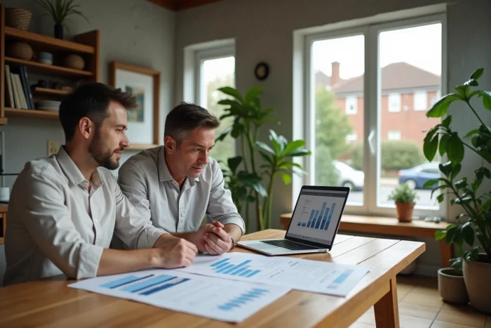 Couple consultant des rapports du marché immobilier sur ordinateur portable dans un intérieur contemporain