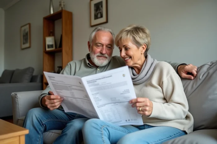 Couple examinant leur déclaration d'impôts et les avantages fiscaux liés au CESU dans leur salon