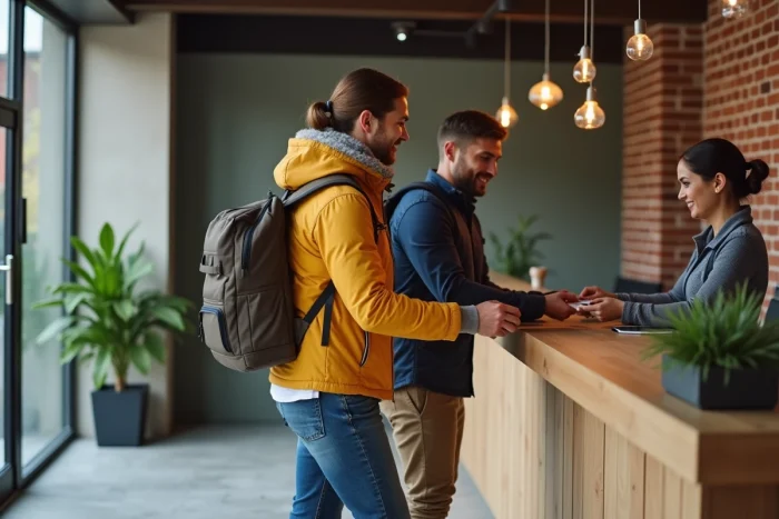 Couple en train de s'enregistrer à la réception d'un hôtel boutique moderne lors d'un voyage