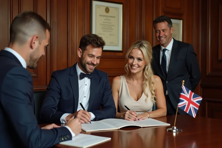 Couple signant les documents officiels de mariage dans un bureau de l'état civil à Gibraltar
